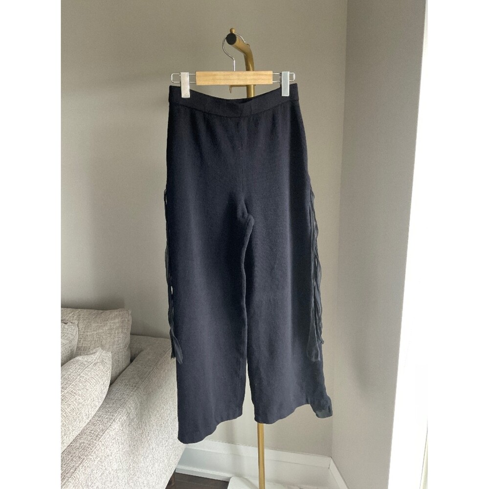 St. John Wool Knit Wide-Leg Pants w/ Sheer Panels